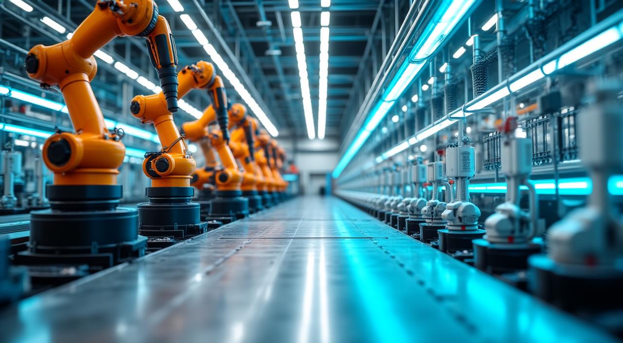 先端ロボティクスが稼働するクリーンなスマート工場の全景